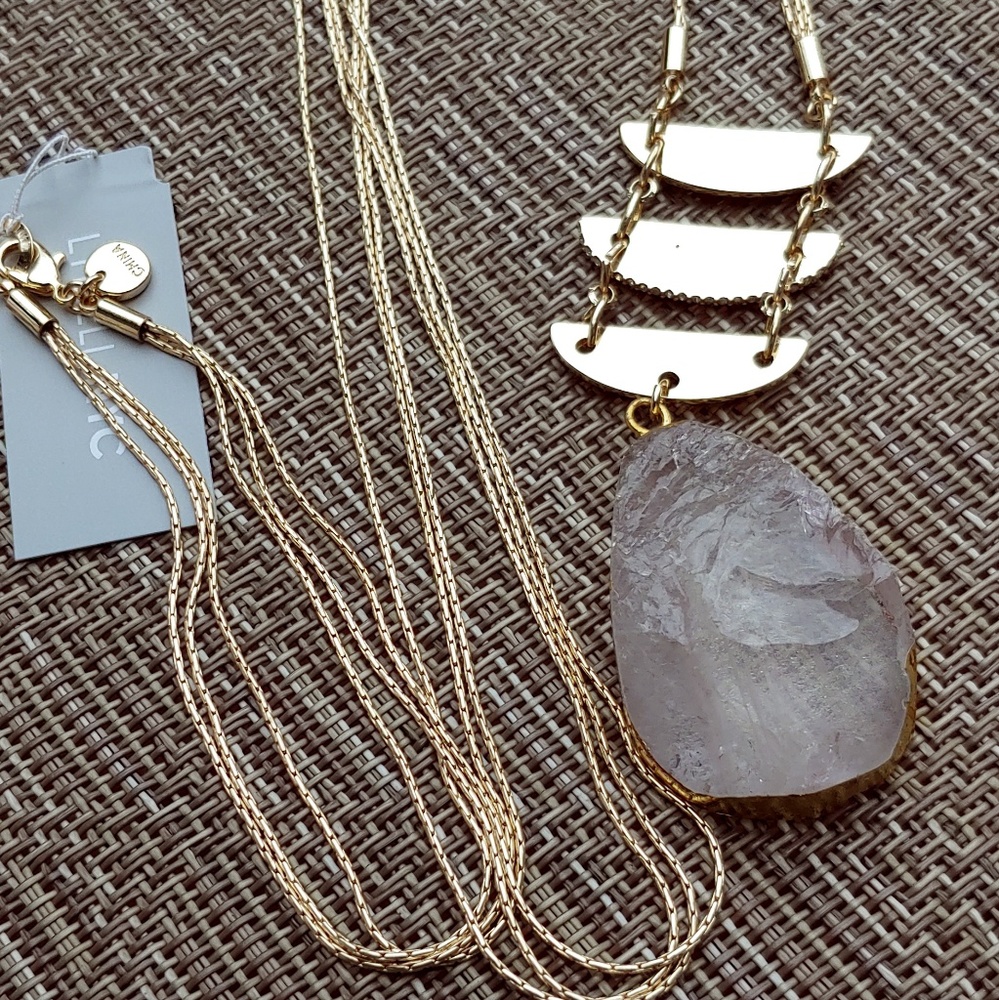 Pink Quartz Teardrop Long Statement Necklace